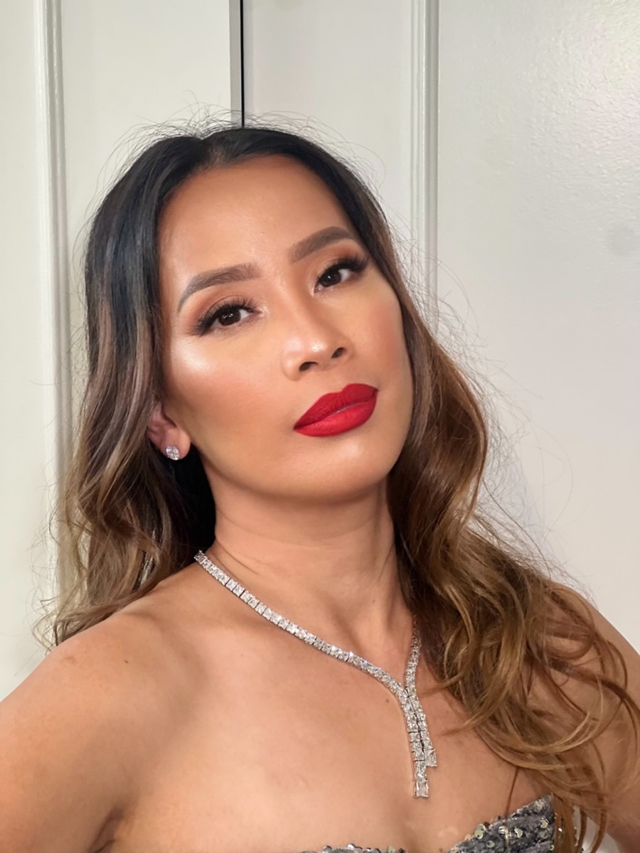 Evening glam makeup with red lip by Just Mel